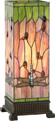 A Tiffany-style table lamp with a rectangular stained-glass shade featuring a dragonfly motif.