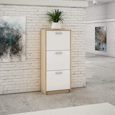 Produktbild von MATKAM Schuhschrank aus Holz 3S, in schlichter Optik, B 50 x H 116 x T 28 cm, laminierte Möbelplatte 16 mm, mit Rückwand (Sonoma Eiche – Weiß)