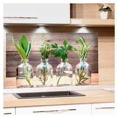 Produktbild von Küchenrückwand aus Glas mit Kräutermotiv, Spritzschutz für Herd, 100x60cm