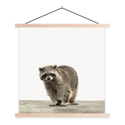 Produktbild von MuchoWow® Textilposter Waschbär - Tiere - weißer Hintergrund - Jungen - Mädchen - Kinder 120x120 cm mit holzfarbenen Rahmen - Textil-Poster
