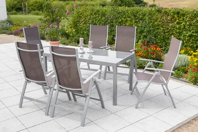 Produktbild von Merxx Gartenmöbelset "Carrara" 7tlg. mit Tisch 150 x 90 cm - Aluminiumgestell Silber mit Textilbespannung Taupe