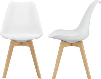 Two white chairs with wooden legs are shown from different angles against a white background.