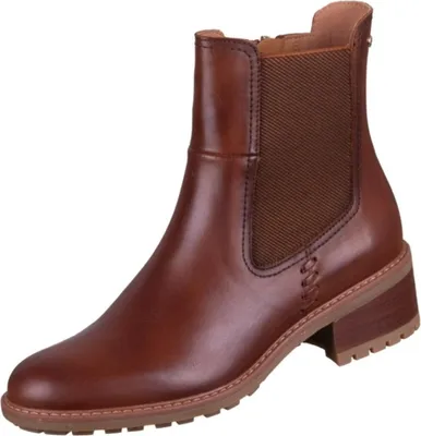 A single brown leather Chelsea boot with a block heel is shown against a white background.