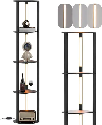 A collage showing a floor lamp with shelves and decorative items, and separate images of the lamp's light fixtures.