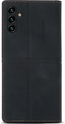 A black leather phone case is shown from the back.