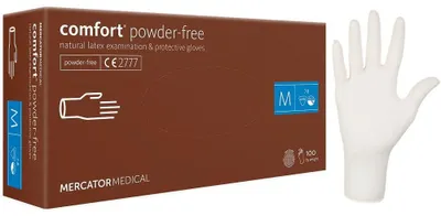 Zdjęcie produktu dla Rękawiczki lateksowe bezpudrowe Mercator Comfort biały 100 szt. rozmiar M jednorazowe ochronne