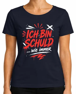 Imagen del producto de Camiseta para mujer con el texto: "Soy culpable, como siempre", con un toque de sarcasmo y humor. Ideal para usar como una declaración divertida. Color: azul marino. Talla: XXL