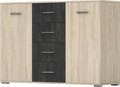 A front view of a sideboard with two doors and four drawers.