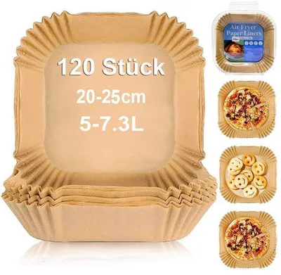 Immagine prodotto di Fogli di carta da forno per friggitrice ad aria, 120 pezzi, senza BPA, 20-24 cm, impermeabili, resistenti all'olio, carta da forno monouso per friggitrici ad aria e forno.