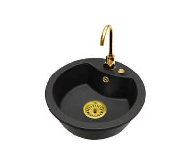 Produktbild von Granit Küchenspüle rund 1 Becken MILA Set mit Armatur BETA Gold und automatischem Siphon Komplettset Einbauspüle