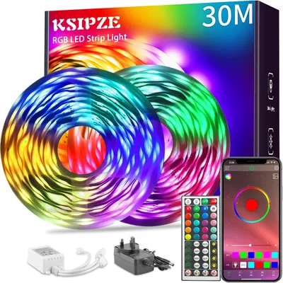 Produktbild von Ksipze 30 m LED-Streifenlichter (2 Rollen von 15 m) RGB-Musik-Sync-Farbwechsel, Bluetooth-LED-Leuchten mit intelligenter App-Steuerung, Fernbedienung, LED-Leuchten für die Schlafzimmerraumbeleuchtung, flexible Heimdekoration