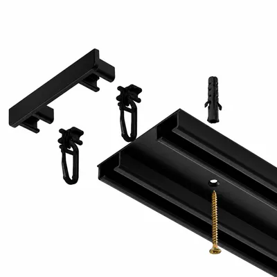 Produktbild von SN DECO - Objektschiene LM Set, 2 läufig, schwarz, 150 cm, vorgebohrt, Innenlauf, Vorhangschiene, KI-generiertes Bild
