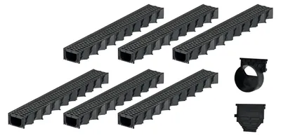 Produktbild von 6x1m ACO Hexaline 2.0 Entwässerungsrinne mit Microgrip Stegrost Ablauf horizontal Bodenrinne Terrassenrinne
