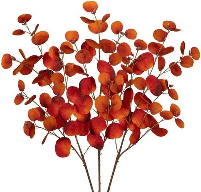 Zdjęcie produktu dla Sztuczne gałązki eukaliptusa, 81 cm, pomarańczowe liście, dekoracja jesienna