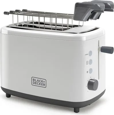 A white Black+Decker toaster with a chrome rack on top, set against a white background.