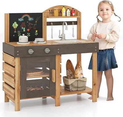 Imagen del producto de Cocina de juguete para exteriores, cocina de madera para niños con pizarra, hornillos y fregadero, cocina de juego con grifo y horno, cocina para exteriores que incluye accesorios, ideal para niños a partir de 3 años