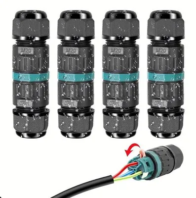Produktbild von IP68-Wasserfeste 3-Pin-Steckverbinder, Untergrundkabelsteckdose für Kabeldurchmesser Ø9-12mm, wasserdichte Steckdose schwarz, 4 Stück