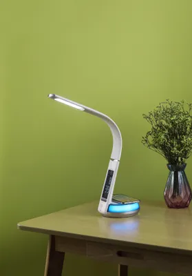 Produktbild von LED Schreibtischlampe Tischlampe Lederoptik QI-Ladestation Touch dimmbar Warm-/Kaltweiß Uhranzeige