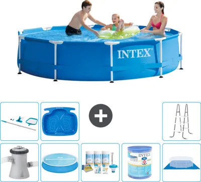 Produktbild von Intex Rundrahmen-Schwimmbecken – 305 x 76 cm – Blau – inklusive Pumpe Sonnensegel - Wartungspaket - Filter - Bodenplane - Reinigungskit - Leiter
