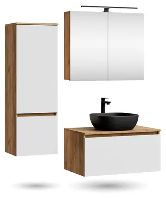 Produktbild von ARISA Badmöbel Set inkl. Hochschrank in Weiß - Mit Spiegelschrank "ARIA" und schwarzem Keramik-Aufsatzwaschbecken 42,5 cm
