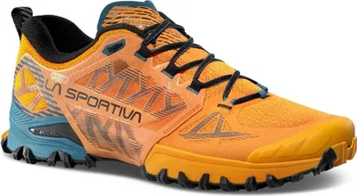 Trailrunning-Schuh "Bushido III Gtx" von La Sportiva in leuchtendem Orange und Blau; mit griffiger Sohle.