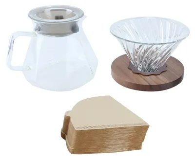 Pour-Over-Kaffeemaschine 600 ml, Borosilikatglas, Walnussgriff, 100 Filter