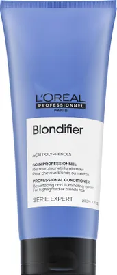 A product shot of a L'Oréal Blondifier conditioner tube against a white background.