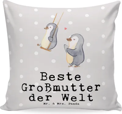 Produktbild von Mr. & Mrs. Panda Sofakissen Pinguin Beste Großmutter der Welt - Grau Pastell - Geschenk, kissen bedruckt, Polster, kuschelkissen 40x40, Deko, Geschenkidee, Omi, für sofa