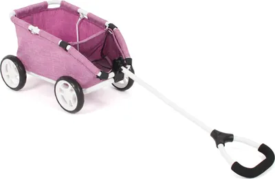 A pink toy wagon with a white handle is shown against a white background.