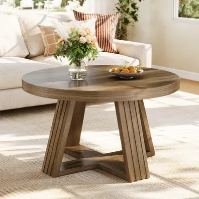 Image de Tribesigns, table ronde d'appoint, diamètre 80 cm, style rustique, plateau en bois massif et structure en bois renforcée avec un design en forme de croix, idéale pour le salon