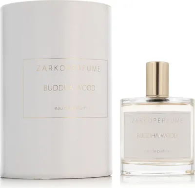 A perfume bottle and its packaging are displayed against a white background.