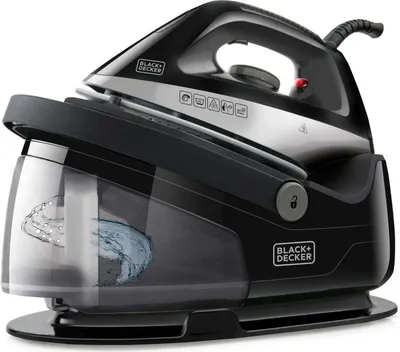 A Black+Decker steam iron with its base station.