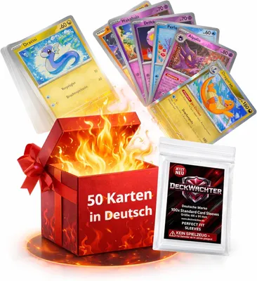 Produktbild von 50 Sammelkarten Set Deutsch + 100 Penny Sleeves – 1 Holo + 5 Reverse Holo – zufälliger Mix aus verschiedenen Erweiterungen – Keine Energiekarten