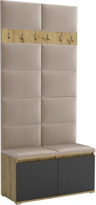 Obrázek produktu pro Šatní set Noris I, čalouněná šatní skříň 100 cm s lavicí, nástěnnými panely a háčky (barva: dub Artisan/černá + Trinity 04)