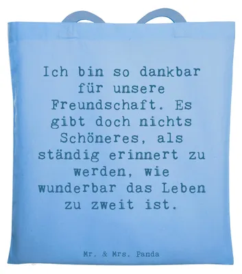 Produktbild von Mr. & Mrs. Panda Jutebeutel Spruch Dankbarkeit für Freundschaft - Sky Blue - Geschenk, Gefühl, Zitat, Tasche, Motivation, Schultasche, Wertschätzung, liebevolle Hommage