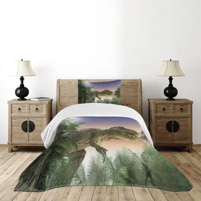 Produktbild von ABAKUHAUS Jurassic Tagesdecke Set, Dinosaurier Im Dschungel Bäume Wald Natur Wald Scary Predator Violence, 170 x 220 cm, Grün Blau Pfirsich