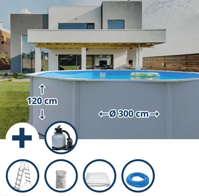 Produktbild von Stahlwandpool Set (6-teilig) hoch rund 300 x 120 cm, Stahl 0,4 mm weiß Folie 0,3 mm blau