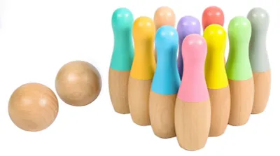 Produktbild von 1 Set Bowling-Spielzeug, glatte Oberfläche, vielseitig einsetzbar, formstabil, gratfrei, sicher, unterhaltsam, Bowling-Spielset aus Holz für drinnen und draußen für Kinder