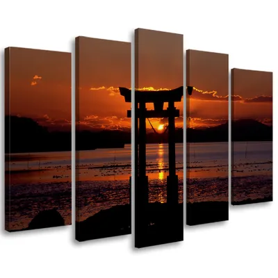 Produktbild von 5-teiliges leinwandbild torii-tor sonnenuntergang 200x100 cm Feeby orange wandbild bereit zum aufhängen
