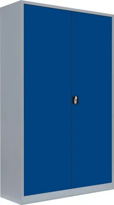 A metal storage cabinet with double doors.