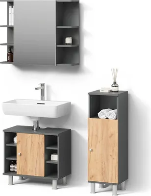 Image de Livinity Meubles bain Fucino, 3 pièces avec armoire de milieu, Anthracite/chêne doré