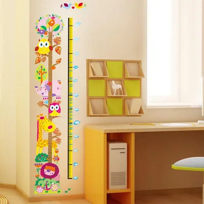 Produktbild von Wandaufkleber, dekorative selbstklebende Höhenmesslatte mit Eulen und Giraffen
