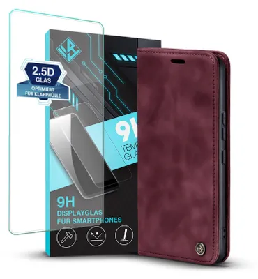 Produktbild von Handy Hülle für Xiaomi 13 mit 9H Displayglas Klapphülle Bookcase Flip Cover Handy Tasche Etui Farbe: Weinrot