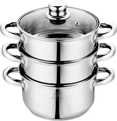 Immagine prodotto di Cottura a vapore da 26 cm – Set da 3 pezzi in acciaio inossidabile per la cottura a vapore, con coperchio in vetro – Adatto per induzione – Compatibile con gas, elettrico e vetroVetroceramica – Lavabile in lavastoviglie – Royal