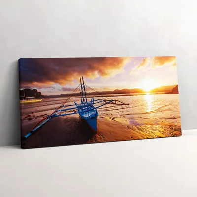 Produktbild von Boot über dem Wasser und Sonnenuntergang – Leinwandbild Wandbild – 140x70 cm – Leinwandbilder – Wandbilder – Schlafzimmer – Flur