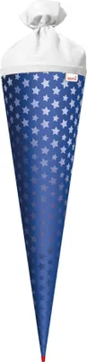 Produktbild von Bastel-Schultüte groß ultramarinblau - Sterne mit Glanz-Effekt 70 cm - rund Rot(h)-Spitze und Filzverschluss weiß
