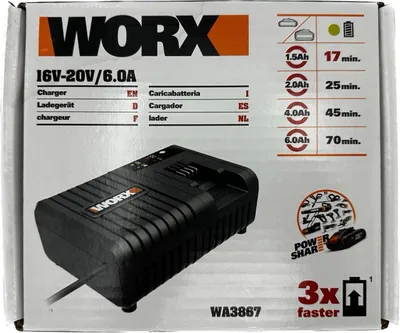 Zdjęcie produktu dla WORX WA3867, Ładowarka do baterii, WORX, WA3550.1, Czarny, Litowo-jonowa (Li-Ion), 1,5 Ah