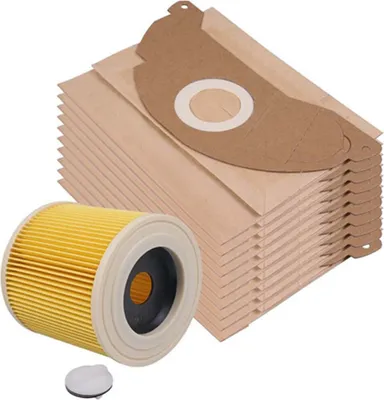 Produktbild von 10 Staubsaugerbeutel und 1 Staubfilter passend für Kärcher WD2 und MV2 Staubsauger. Alternativen zu Filterbeutel 6.959-322.0 und Patronenfilter 6.414-552.0 Staubsaugerbeutel
