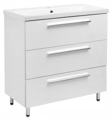 Produktbild von Astor | Badezimmerschrank - Stehende Kommode - mit Waschbecken - Weiß - 81 Cm - 3 Schubladen - Chromierte Griffe
