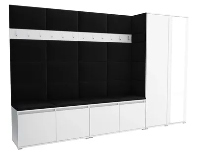 Produktbild von Garderoben-Set Noris V mit Spiegel, gepolsterte Garderobe 290 cm, Flurmöbel mit Wandpaneelen, 12 Haken und Schrank (Farbe: Weiß + Trinity 16)